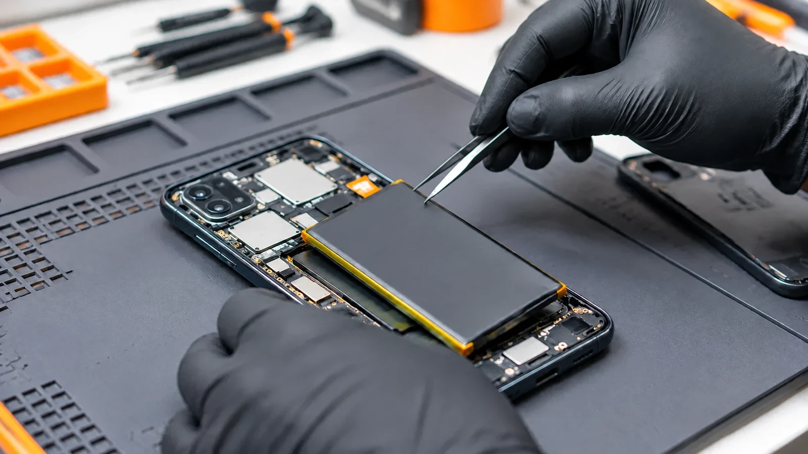 Tecnico che sostituisce la batteria di uno smartphone su un tappetino da laboratorio
