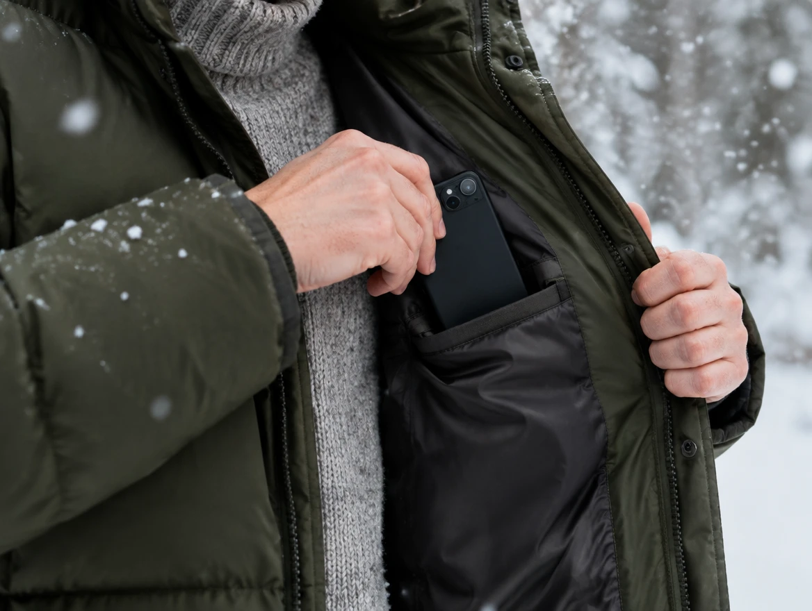 Mano che infila lo smartphone nella tasca interna di un piumino mentre nevica