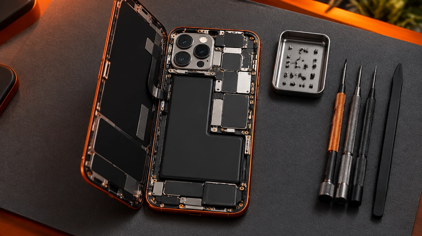 iPhone aperto sul banco di riparazione con lo schermo sollevato, pronto per la sostituzione del display