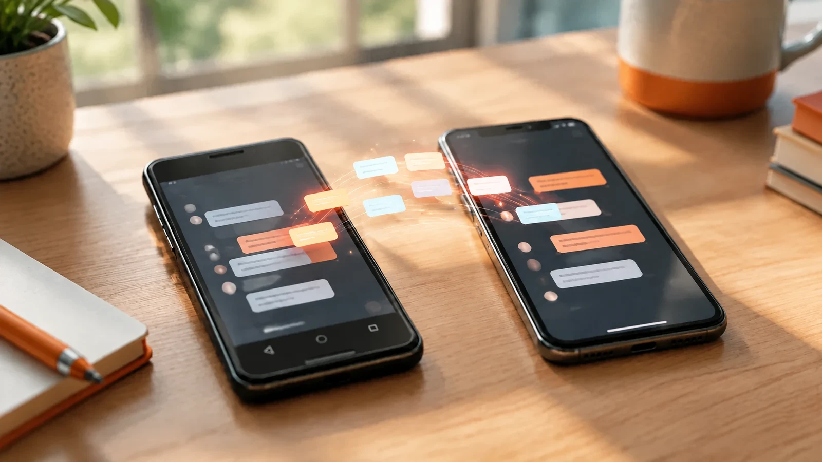 Due smartphone affiancati su una scrivania mentre le chat passano da un telefono Android a un iPhone