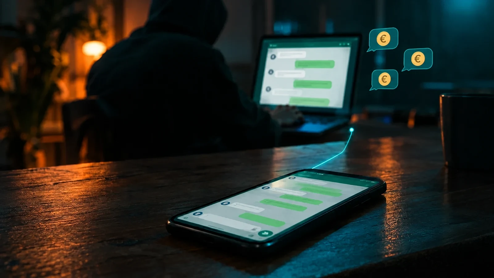 Truffatore al computer che legge di nascosto le chat di WhatsApp collegate al telefono della vittima e chiede soldi ai contatti