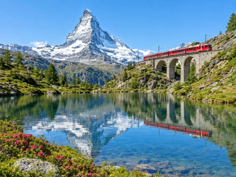 Trenino rosso su un viadotto in montagna in Svizzera, con il Cervino che si specchia in un lago alpino