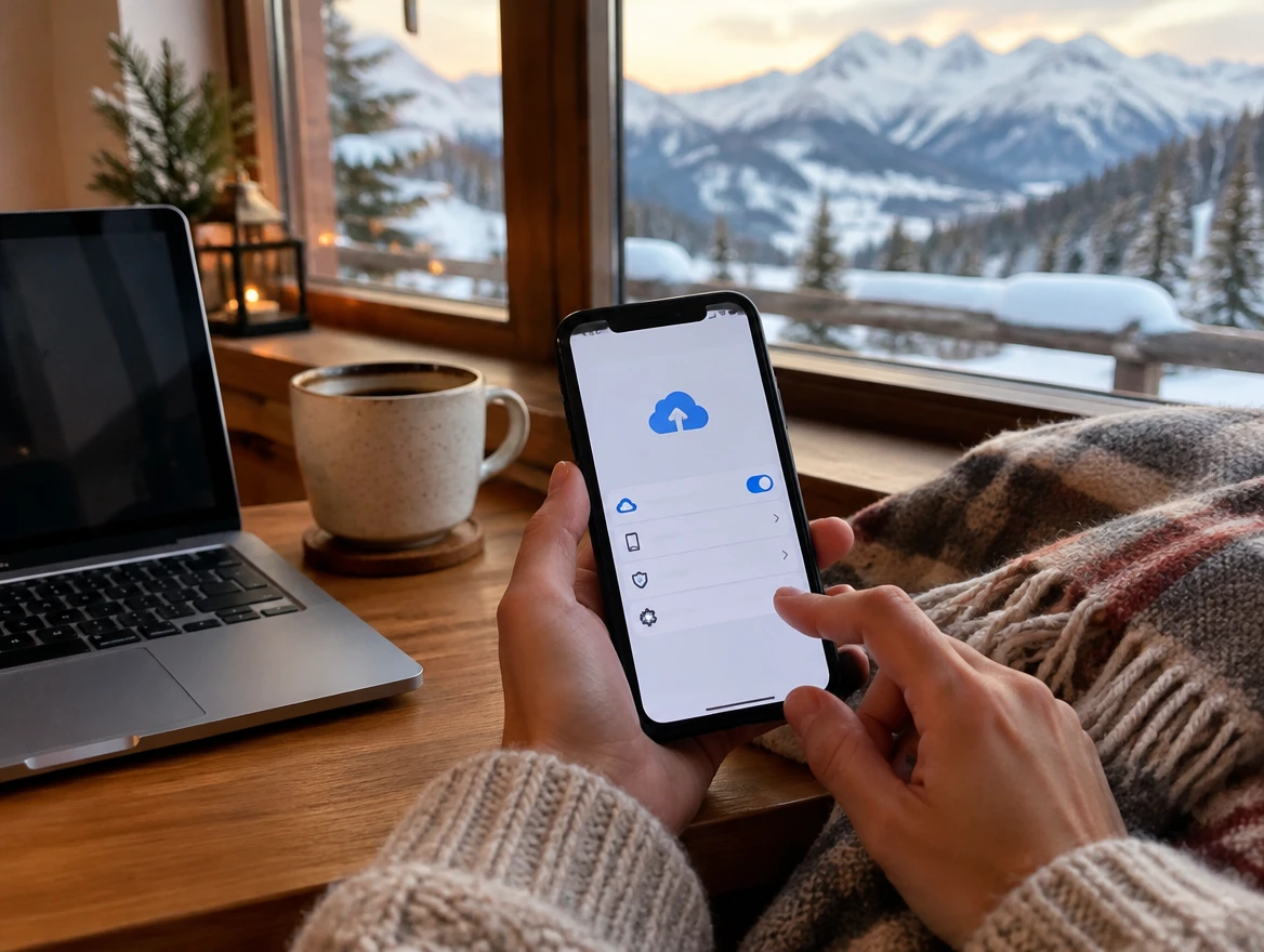 Mani che attivano il backup sul cloud dallo smartphone, accanto a un portatile e a una tazza di caffè, con le montagne innevate fuori dalla finestra