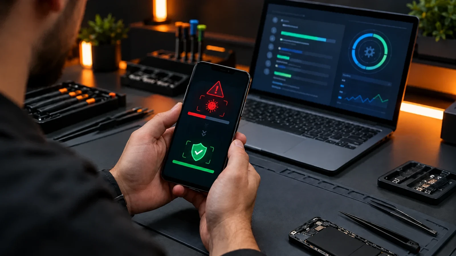 Tecnico FIX4ALL che rimuove un virus da uno smartphone con un programma di diagnosi
