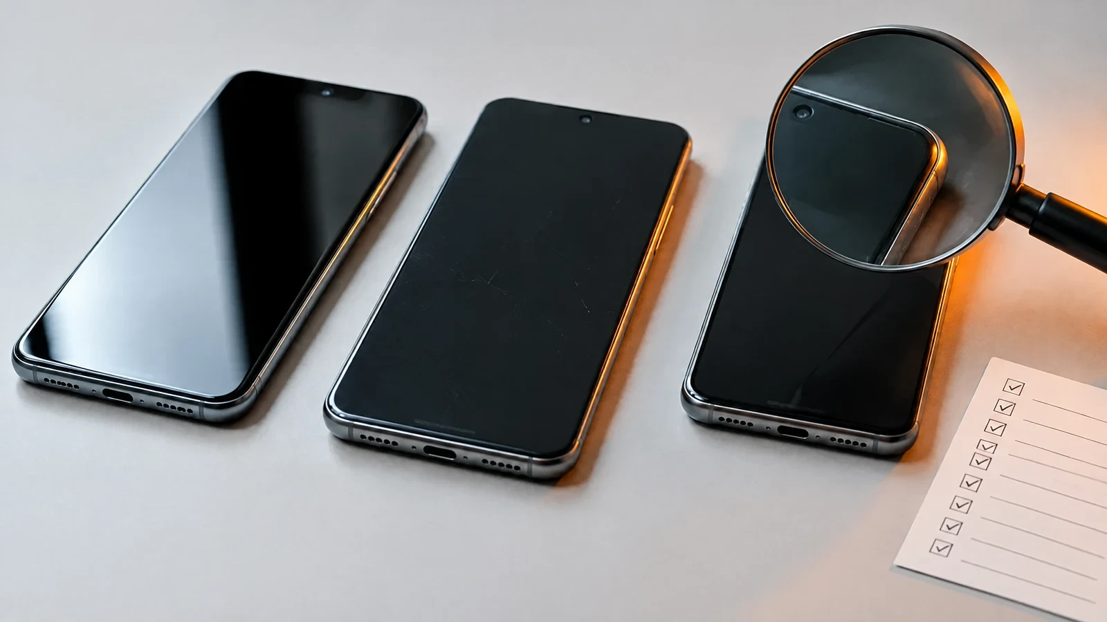 Tre smartphone ricondizionati controllati con una lente d'ingrandimento e una lista di verifica