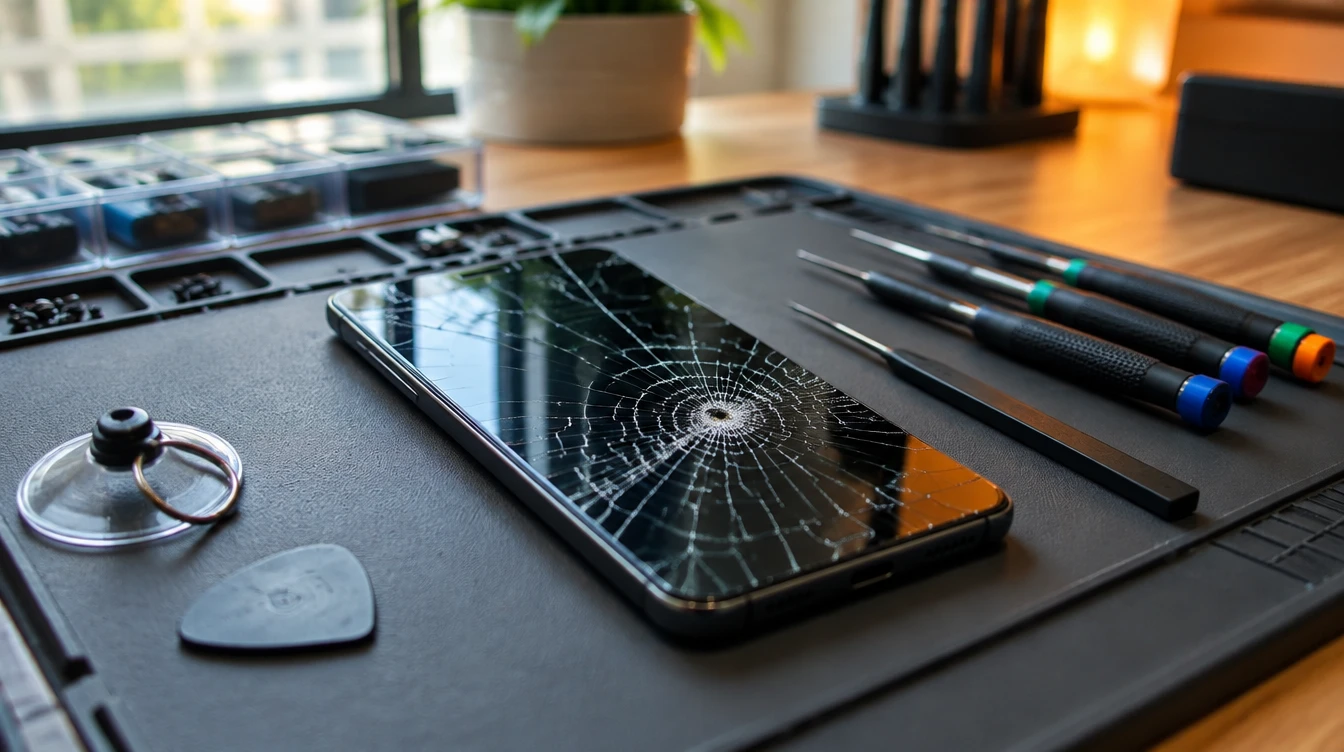 Smartphone con lo schermo AMOLED rotto su un banco di riparazione, accanto agli attrezzi