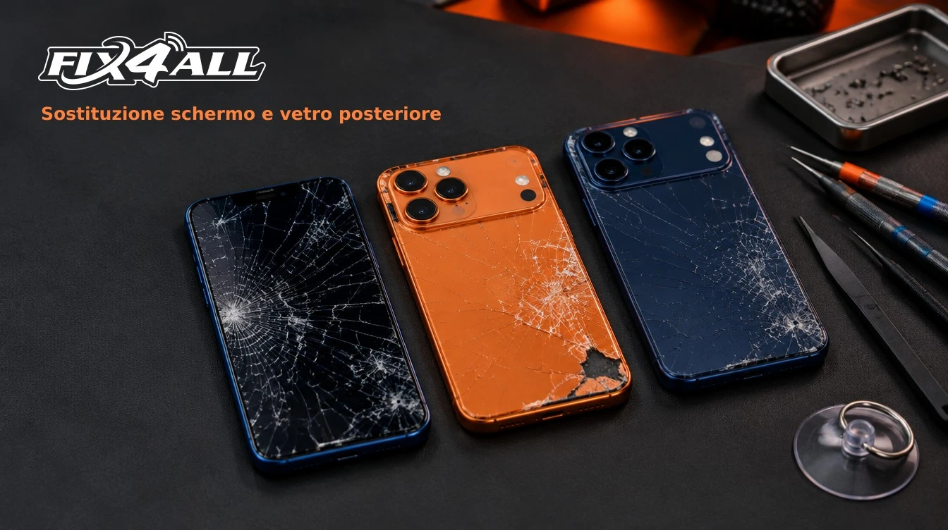 Tre iPhone 17 Pro danneggiati sul banco FIX4ALL: uno con lo schermo frantumato, uno arancione e uno blu con il vetro posteriore crepato