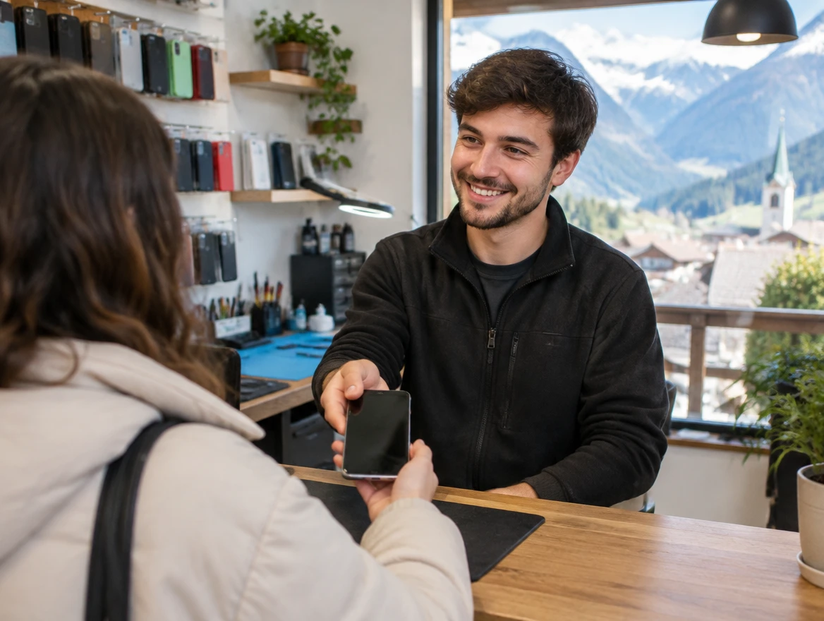 Tecnico sorridente riconsegna lo smartphone riparato a una cliente al banco di un negozio, con le montagne fuori dalla vetrina