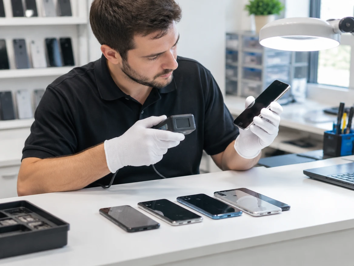 Tecnico con guanti bianchi che controlla uno smartphone ricondizionato al banco, con altri telefoni allineati