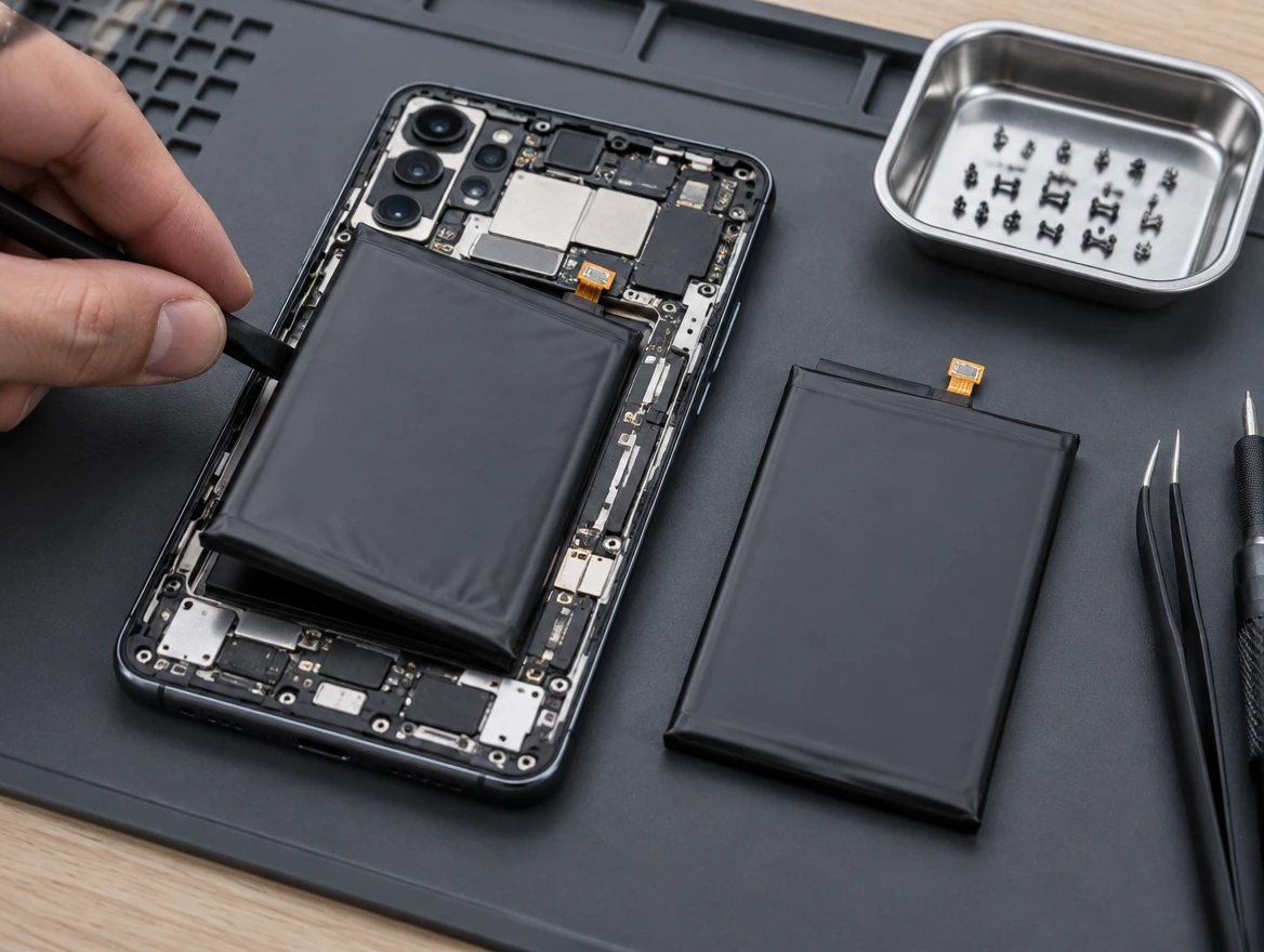 Smartphone aperto sul tappetino da lavoro: il tecnico estrae la batteria vecchia, accanto quella nuova