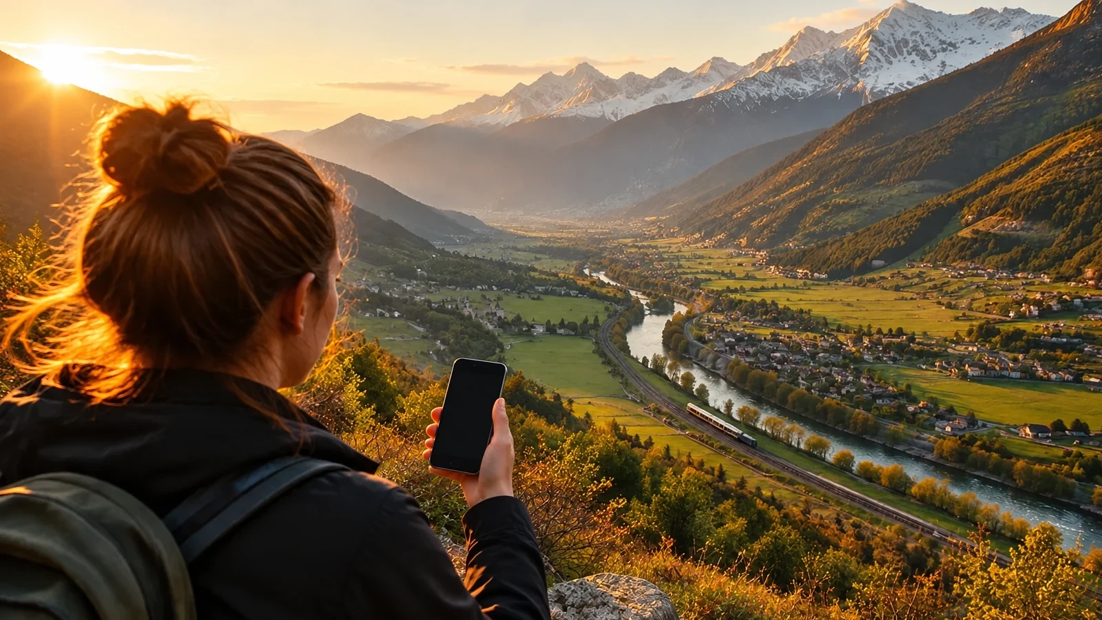 Persona con lo smartphone in mano davanti a una valle alpina al mattino