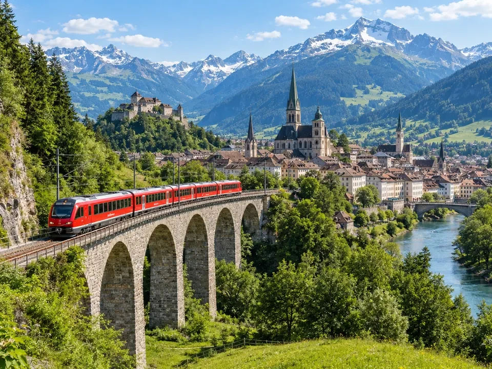 Trenino rosso su un viadotto di pietra in una valle alpina, con un paese, un fiume e le montagne innevate sullo sfondo