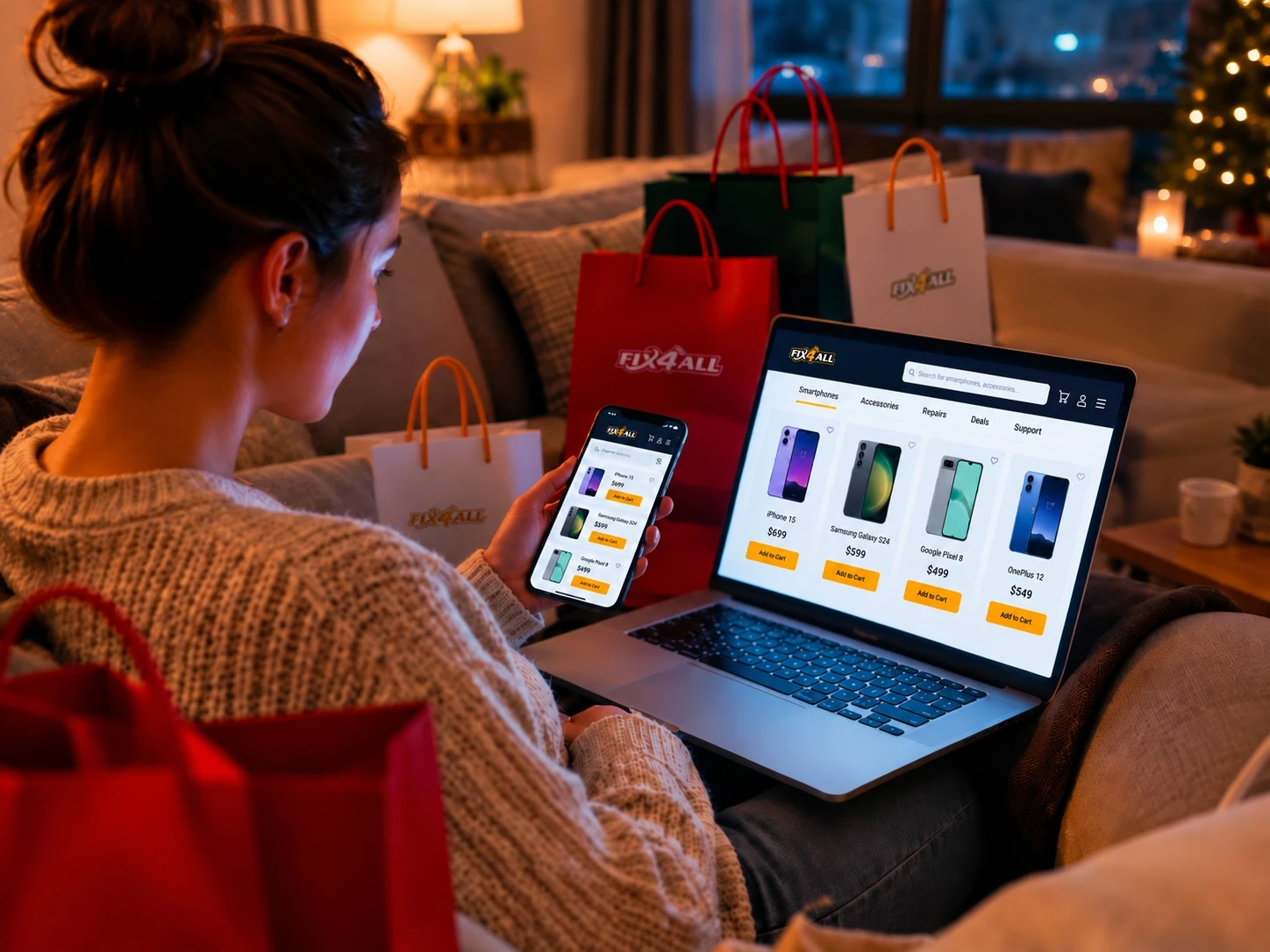 Ragazza sul divano che confronta offerte di smartphone sul portatile e sul telefono, con borse FIX4ALL intorno e l'albero di Natale illuminato