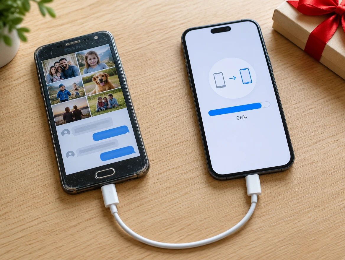 Vecchio smartphone con foto di famiglia e chat collegato con un cavo a un telefono nuovo con la barra del trasferimento quasi completa, accanto a un pacco regalo
