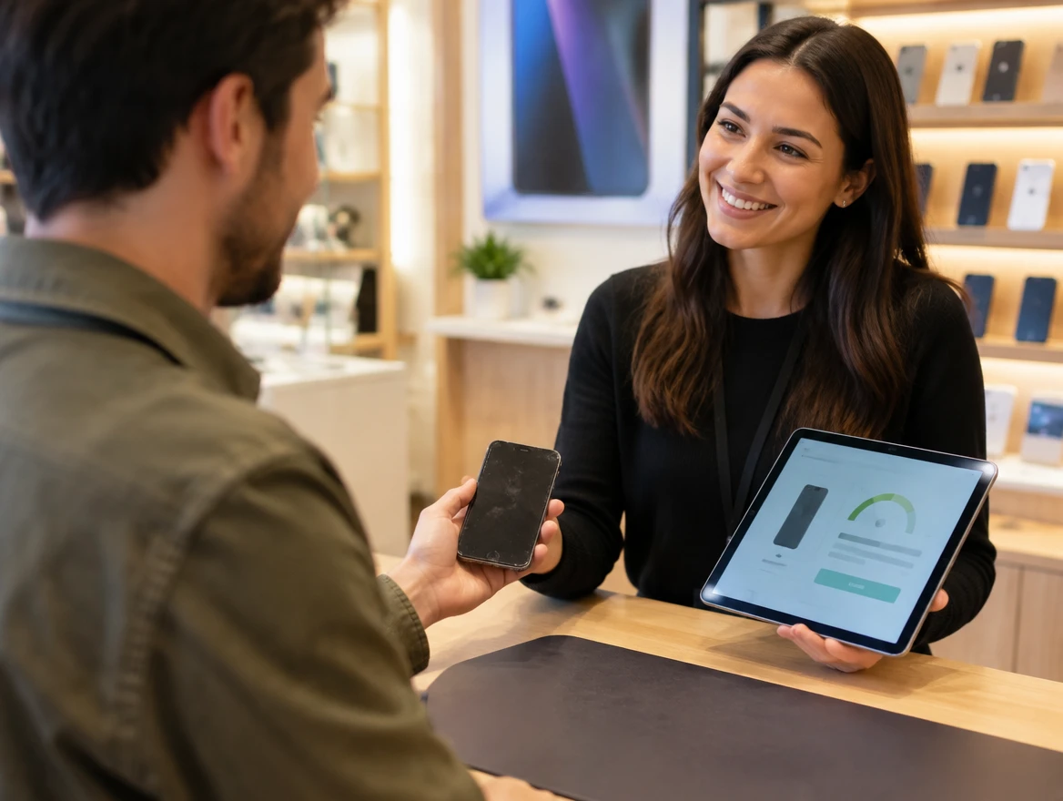 Cliente che consegna il vecchio smartphone a una commessa sorridente, che mostra la valutazione sul tablet