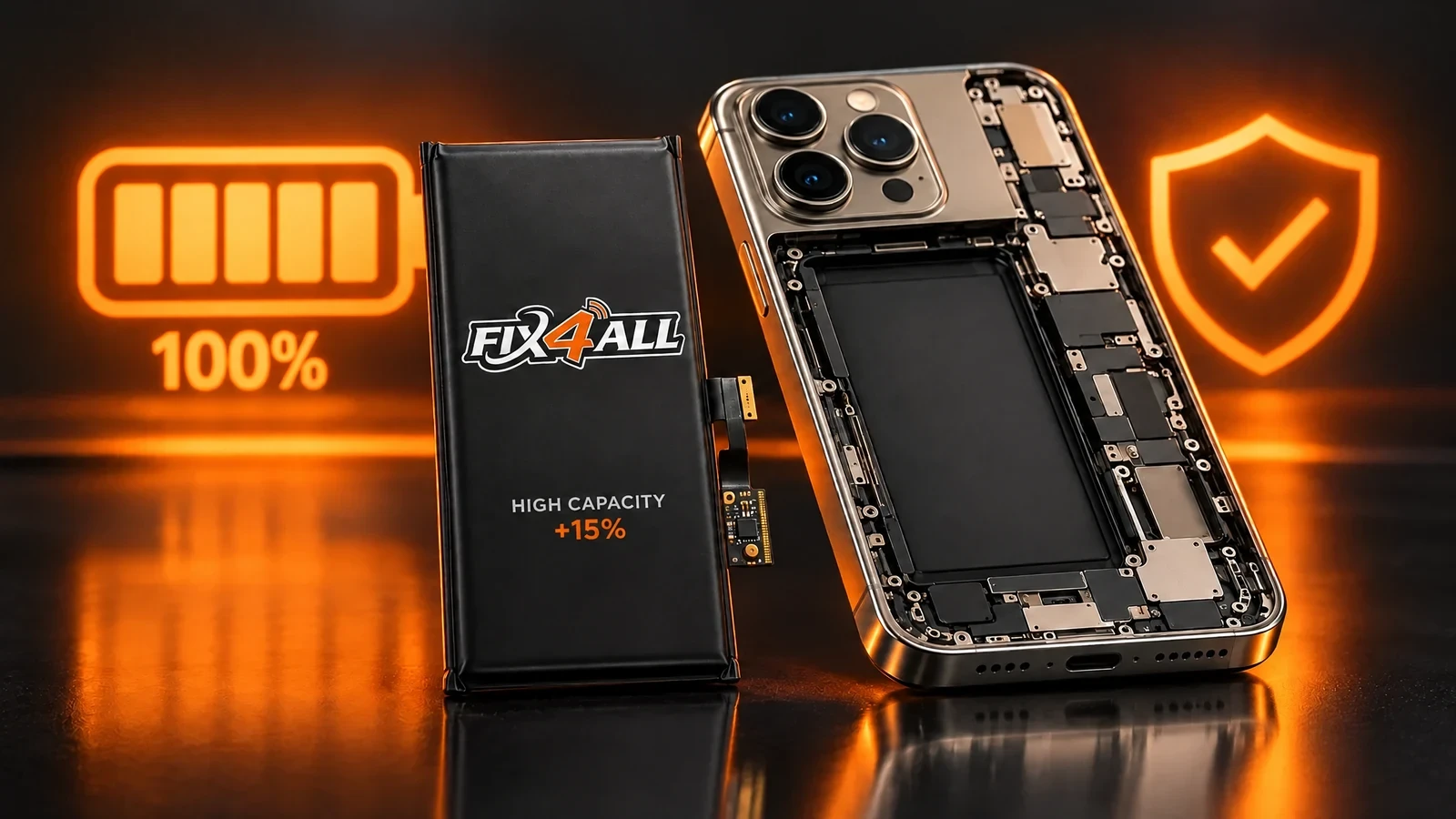 Batteria FIX4ALL ad alta capacità accanto a un iPhone aperto pronto per la sostituzione