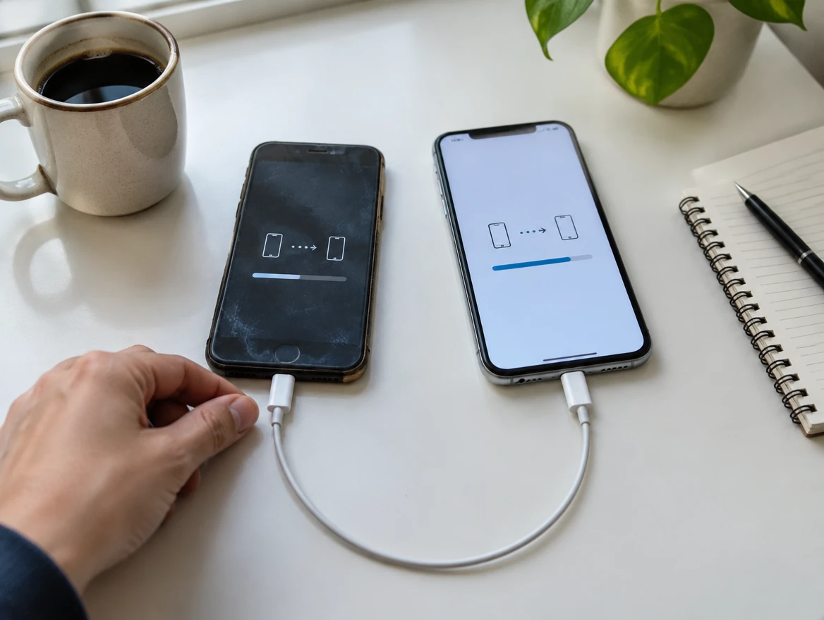 Due smartphone collegati con un cavo sulla scrivania durante il trasferimento dei dati dal vecchio al nuovo