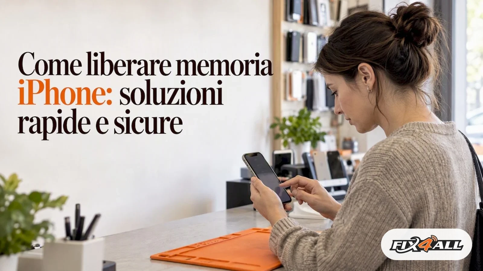 Cliente controlla la memoria dell'iPhone al banco assistenza FIX4ALL