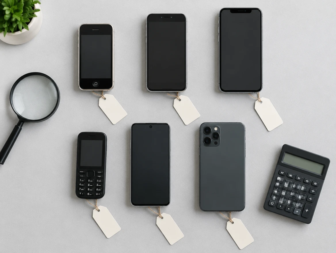 Smartphone di generazioni diverse allineati con cartellini del prezzo vuoti, una lente e una calcolatrice