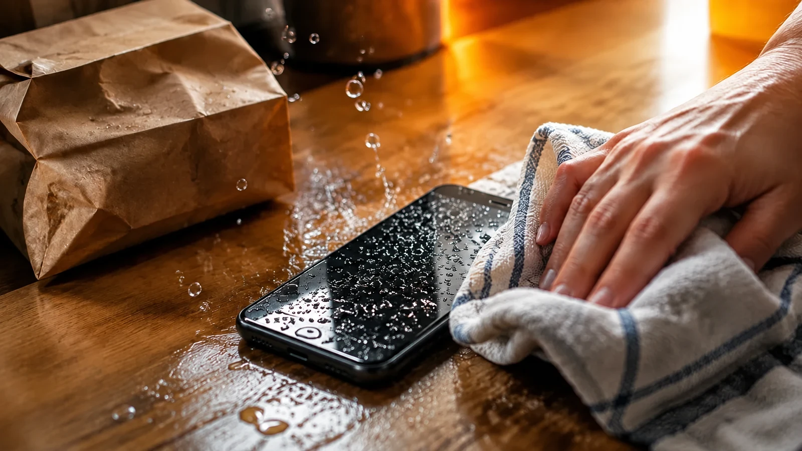 Smartphone bagnato asciugato con un panno subito dopo essere caduto in acqua